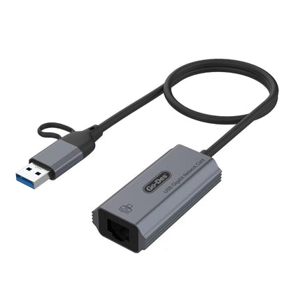 Go Des GD-6836 RJ45 to Type-C ve USB-A Gigabit Ethernet Dönüştürücü Kablo 1000Mbps 50cm Siyah