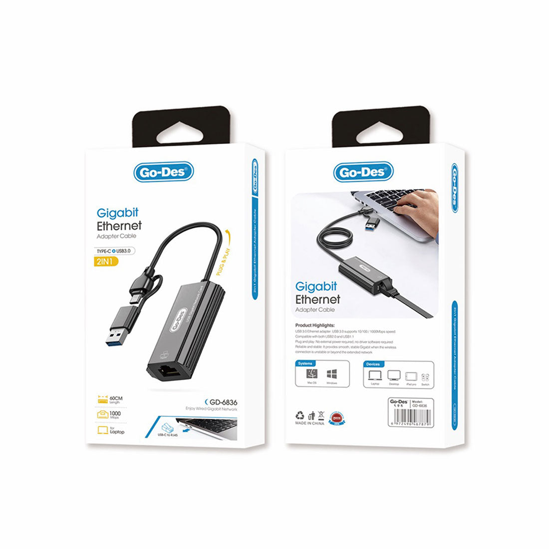 Go Des GD-6836 RJ45 to Type-C ve USB-A Gigabit Ethernet Dönüştürücü Kablo 1000Mbps 50cm Siyah