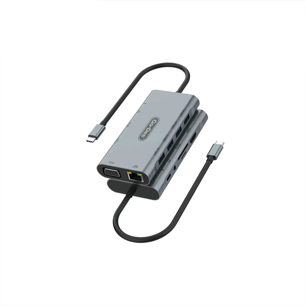 Go Des GD-6907 11 in 1 Type-C Hub SD Kart-RJ45-HDMI-VGA-Usb Çoğaltıcı Gri
