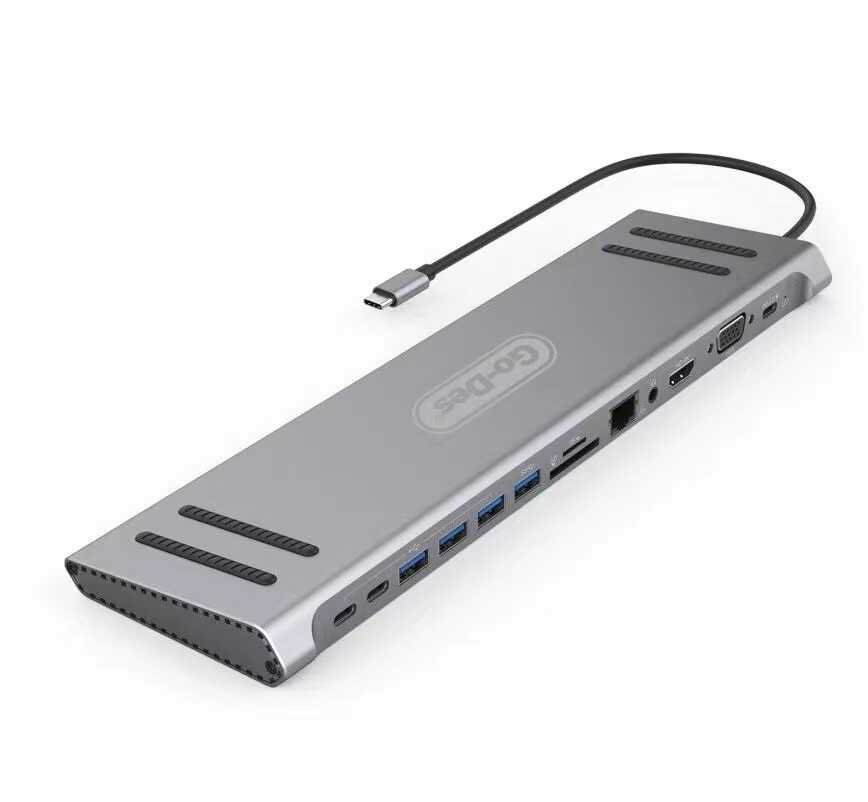 Go Des GD-9120 14 in 1 Stand Özellikli Type-C Hub SD Kart-RJ45-HDMI-VGA-Usb Çoğaltıcı Gri