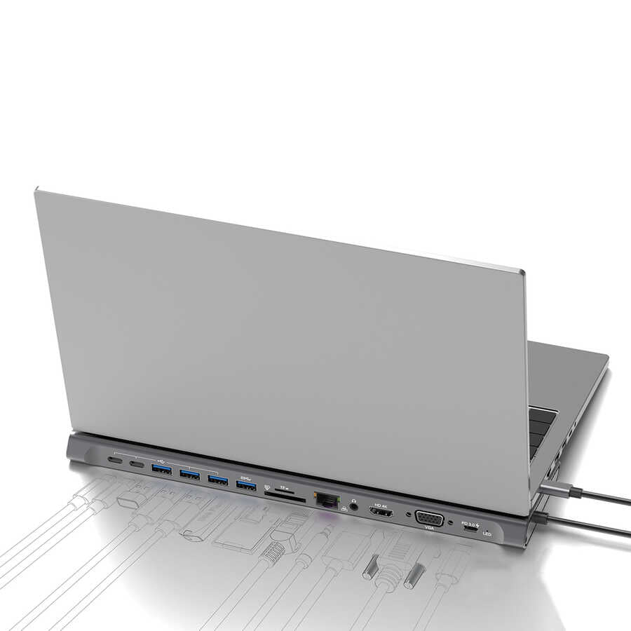 Go Des GD-9120 14 in 1 Stand Özellikli Type-C Hub SD Kart-RJ45-HDMI-VGA-Usb Çoğaltıcı Gri
