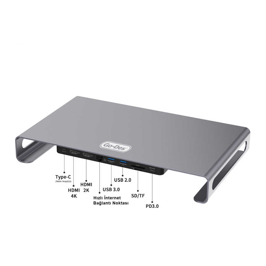 Go Des GD-9126 Hub Destekli Laptop Standı Docking Station Stand Gri
