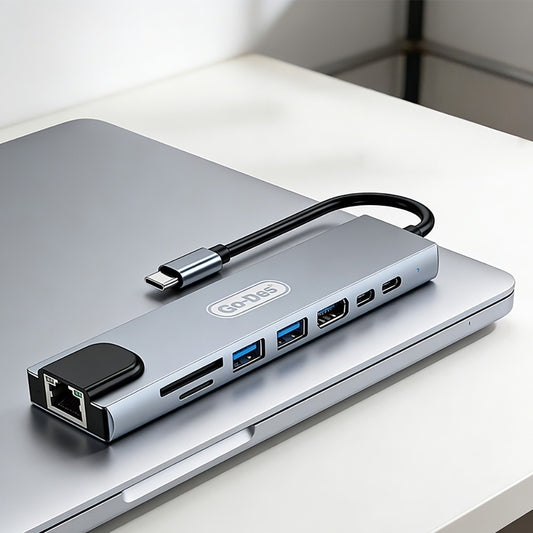 Go Des GD-9218 Type-C Bağlantılı 8in1 USB3.0 + PD + Hdmi 4K Ultra HD + RJ45 + SD/TF Bağlantılı Hub Adaptör