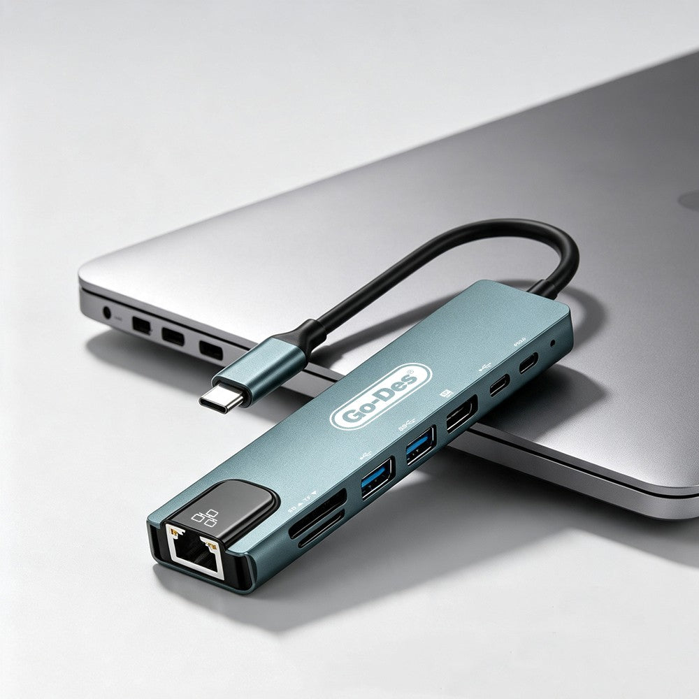 Go Des GD-9230 Type-C Bağlantılı 8in1 USB3.0 + PD + Hdmi 4K Ultra HD + RJ45 + SD/TF Bağlantılı Hub Adaptör