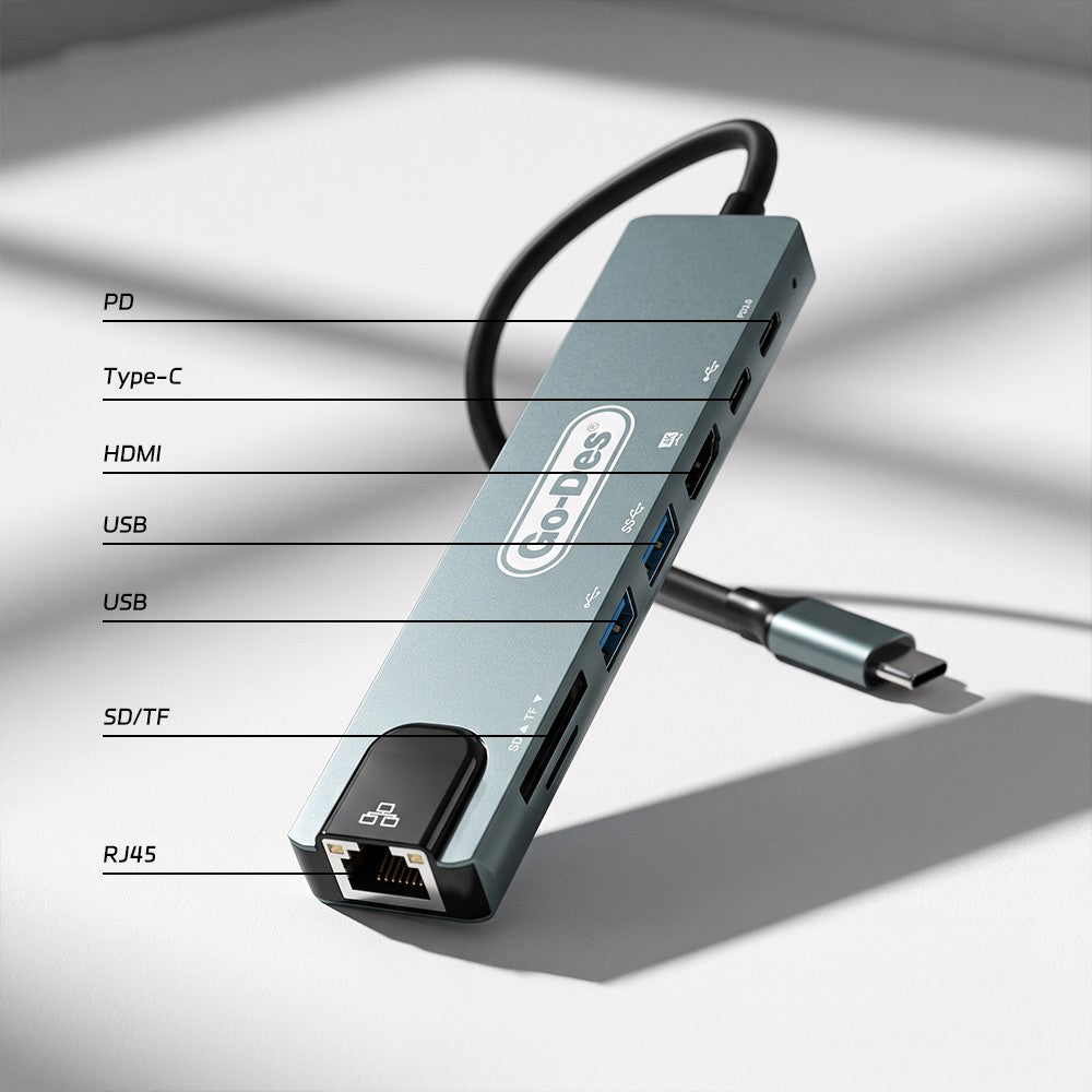 Go Des GD-9230 Type-C Bağlantılı 8in1 USB3.0 + PD + Hdmi 4K Ultra HD + RJ45 + SD/TF Bağlantılı Hub Adaptör