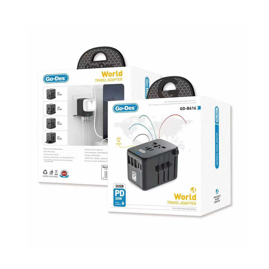 Go Des GD-B616 Çoklu Universal TR/US/UK/AUS/EU Uyumlu Şarj Adaptörü Max 35W Siyah