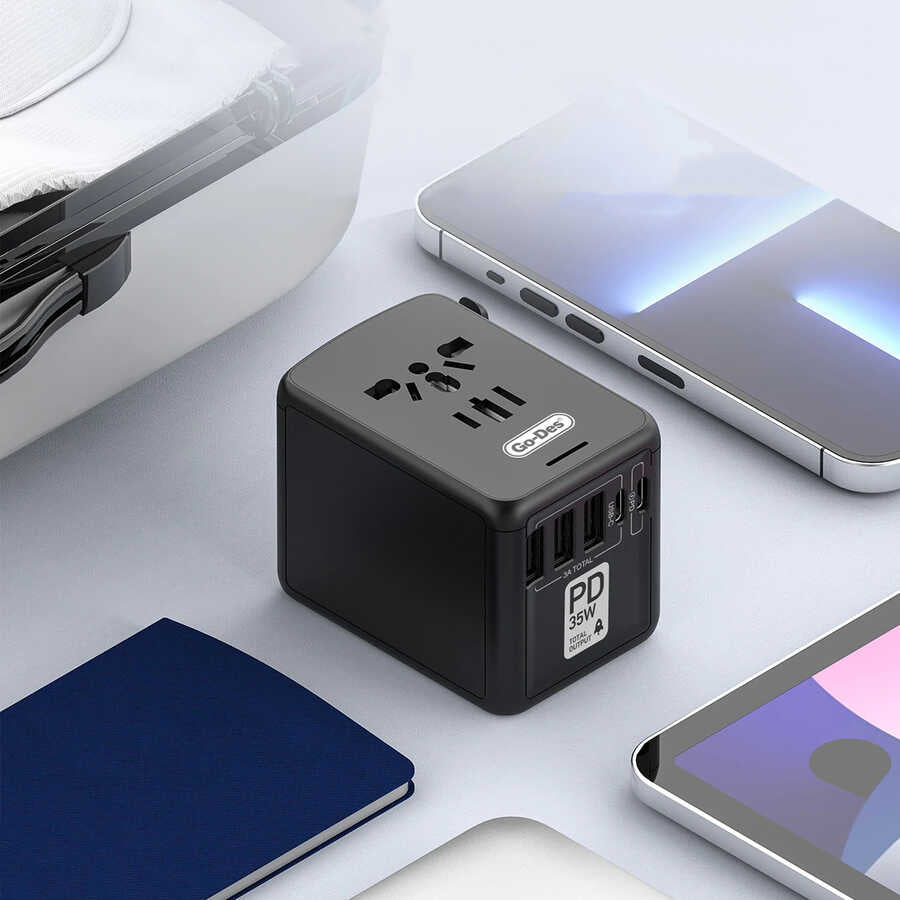 Go Des GD-B616 Çoklu Universal TR/US/UK/AUS/EU Uyumlu Şarj Adaptörü Max 35W Siyah