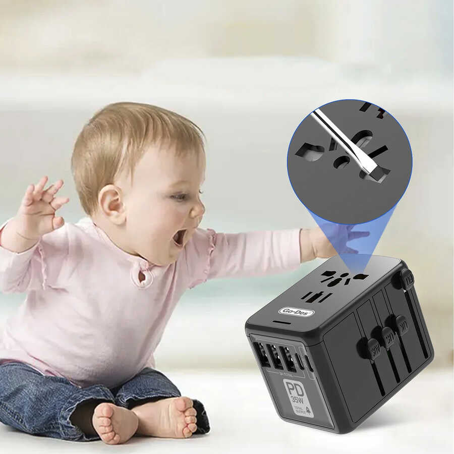 Go Des GD-B616 Çoklu Universal TR/US/UK/AUS/EU Uyumlu Şarj Adaptörü Max 35W Siyah