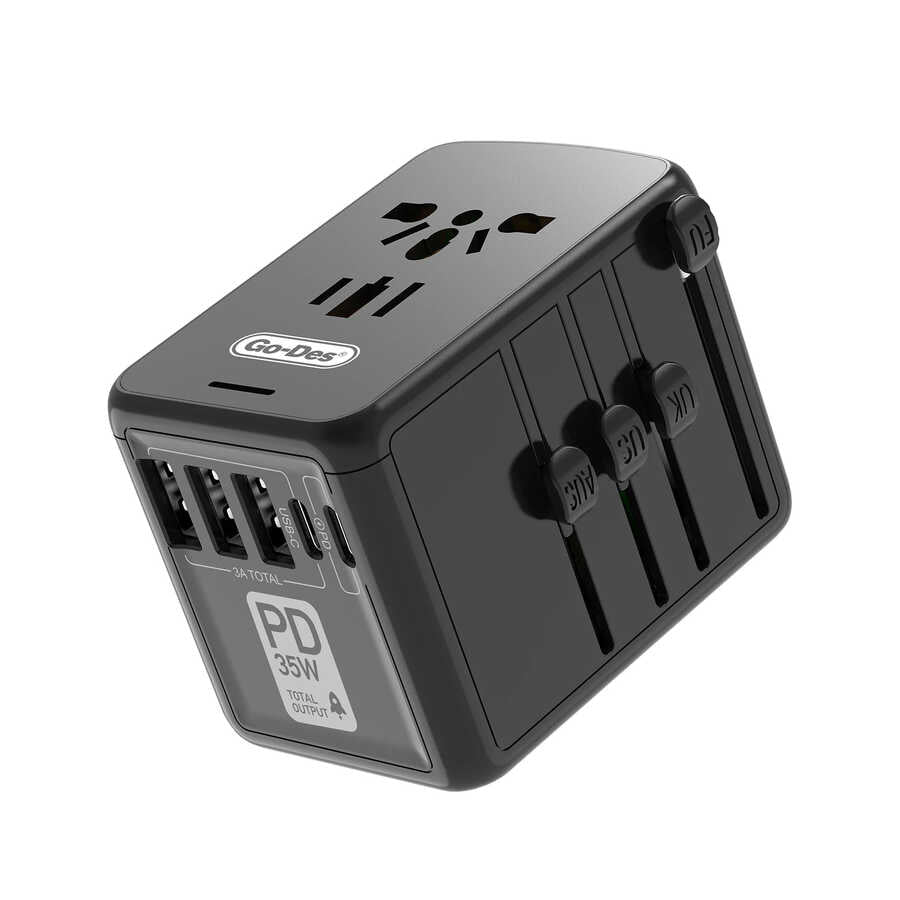 Go Des GD-B616 Çoklu Universal TR/US/UK/AUS/EU Uyumlu Şarj Adaptörü Max 35W Siyah