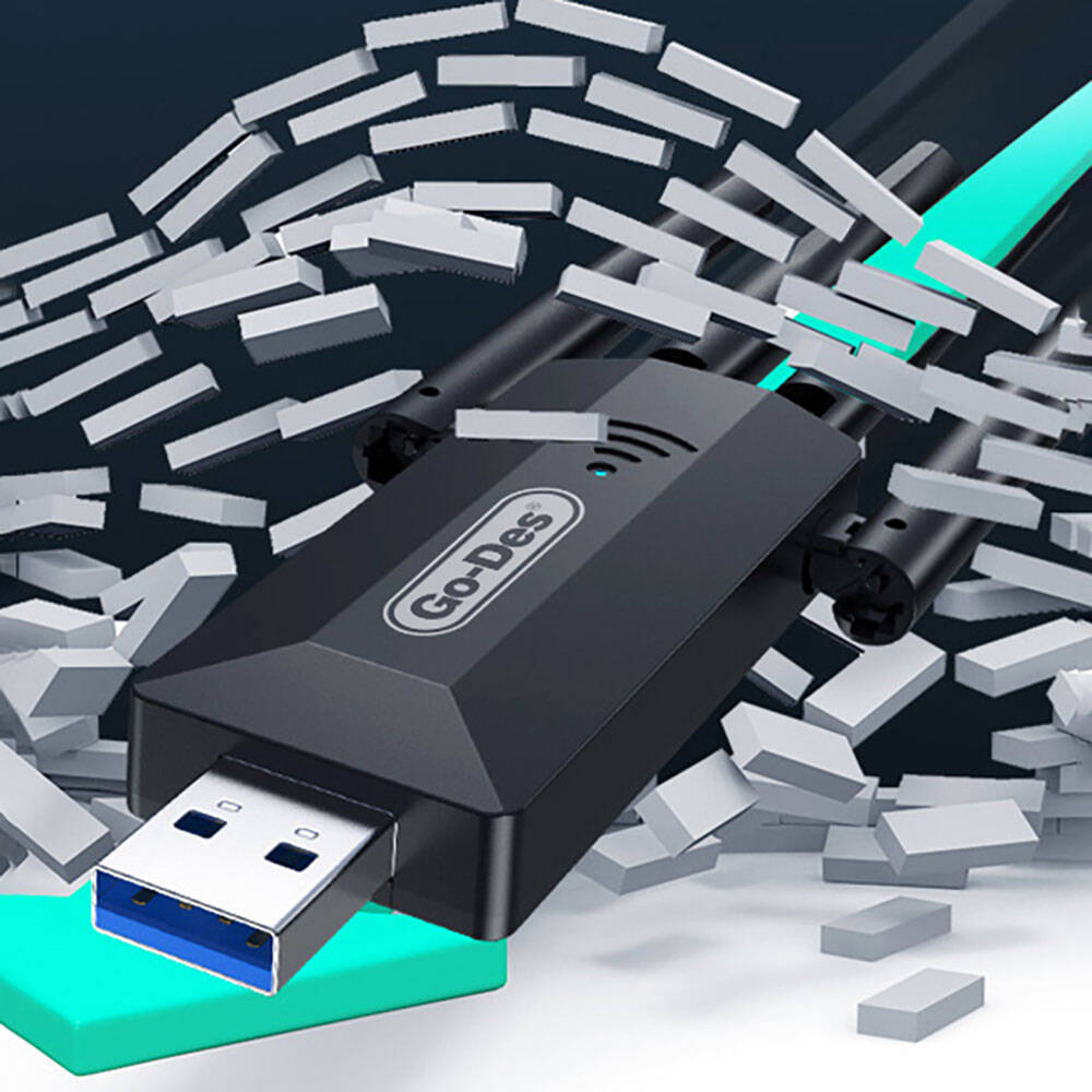 Go Des GD-BT318 Çift Bantlı 1200m 300Mbps 4 Antenli Kablosuz İnternet Sağlayıcı USB WiFi Adaptör Siyah