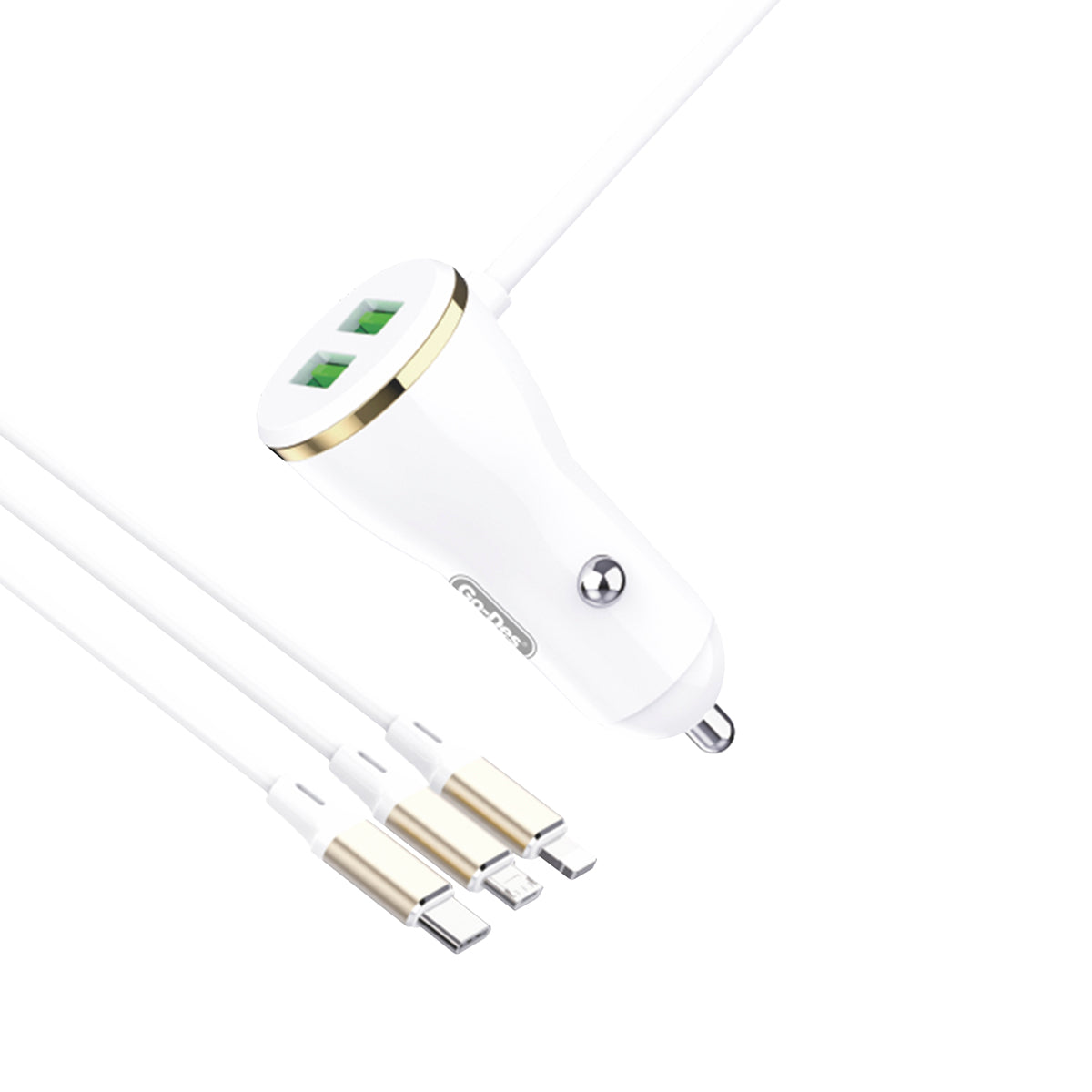 Go Des GD-CC202 5 in 1 5A Hızlı Şarj Çift USB-A ve Micro Type-C Lightning Kablolu Araç Şarj Aleti Beyaz