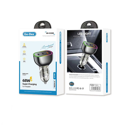 Go Des GD-CC208 Hızlı Şarj Özellikli Dual Type-C + USB-A Portlu Araç Şarj Aleti 68W Gri