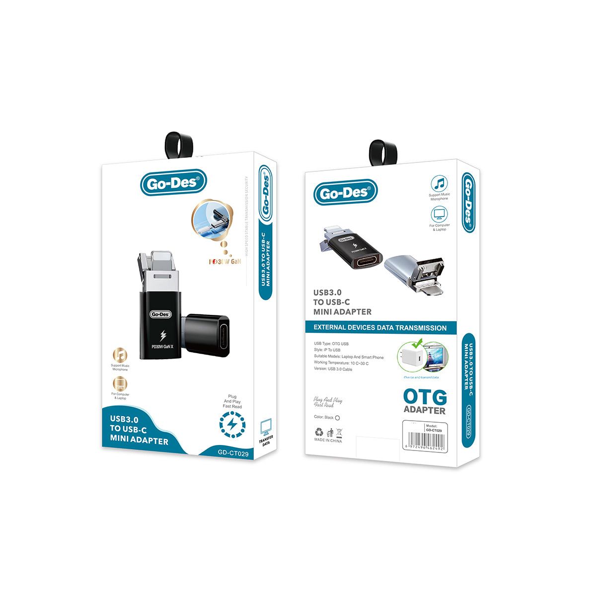 Go Des GD-CT029 PD30W GaN Teknolojili Type-C to Lightning & USB-A OTG Siyah