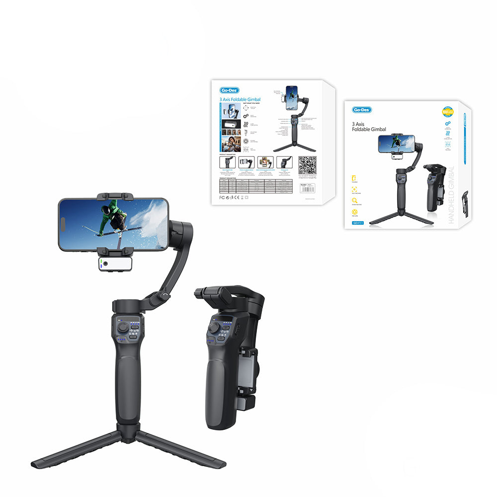 Go Des GD-F11 3 Eksenli El Tipi Yüz Tanıma Takip Özellikli Led Işıklandırma Aparatlı Gimbal Stabilizatör Siyah