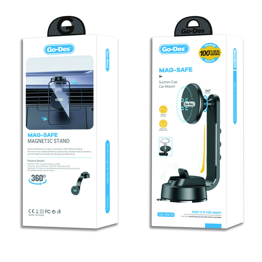 Go Des GD-HD219 M-safe Magnetik Bükülebilen Vantuzlu Araç Telefon Tutucu Siyah