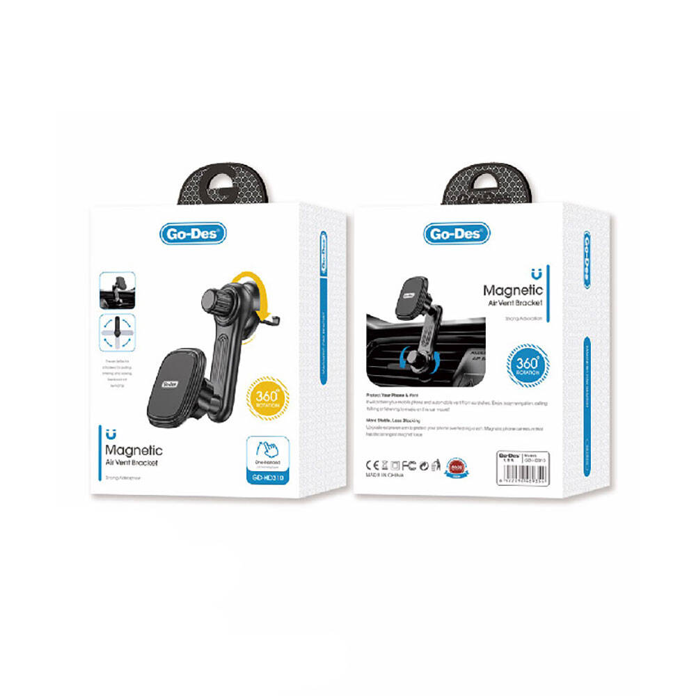 Go Des GD-HD310 Magnetik 360 Derece Dönebilen Dirsek Ve Başlıklı Telefon Tutucu Havalandırma Tasarım Siyah