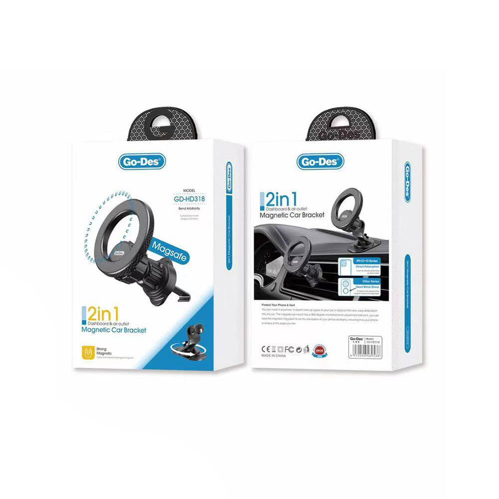 Go Des GD-HD318 M-safe Magnetik 360° Dönebilen 2in1 Havalandırma ve Düz Zemin Telefon Tutucu Siyah