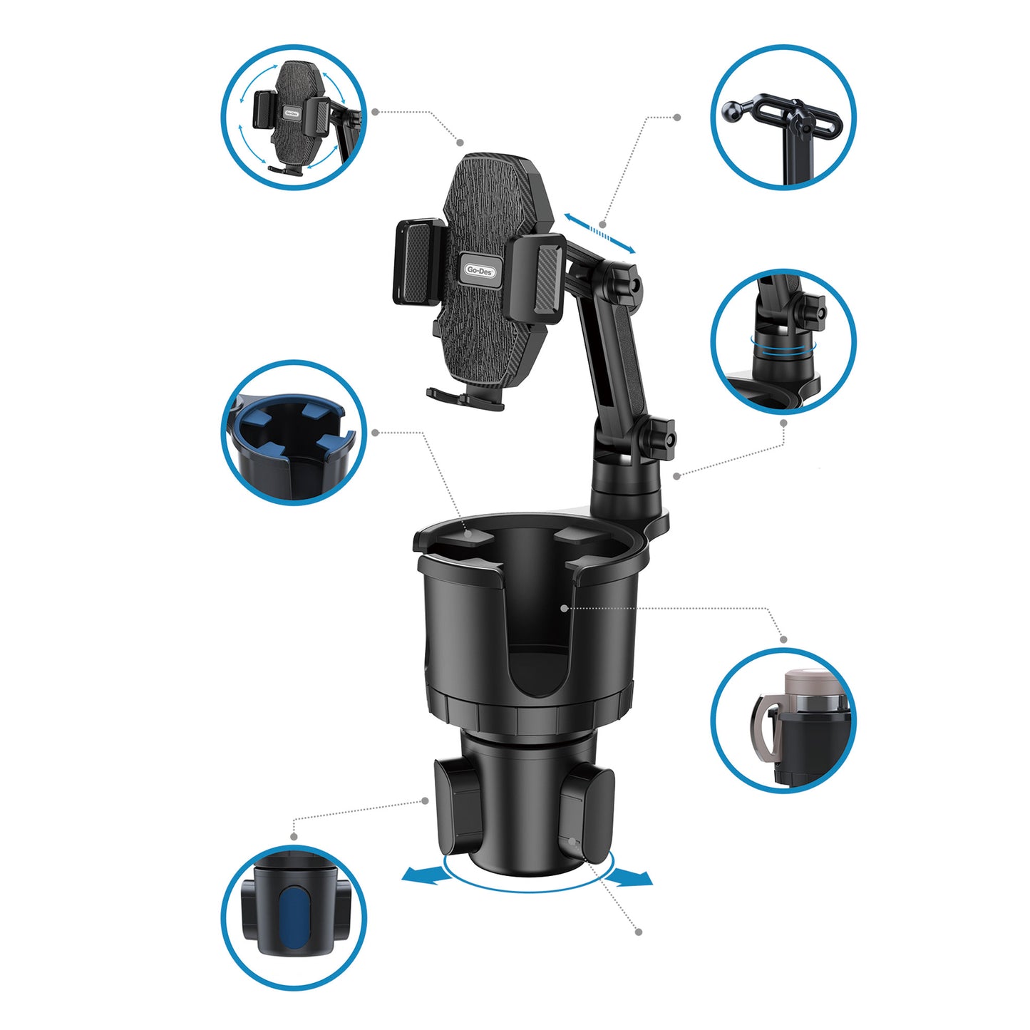 Go Des GD-HD566 360 Derece Dönebilen 2 in 1 Araç Telefon Tutucu Ve Bardak Tutucu Siyah