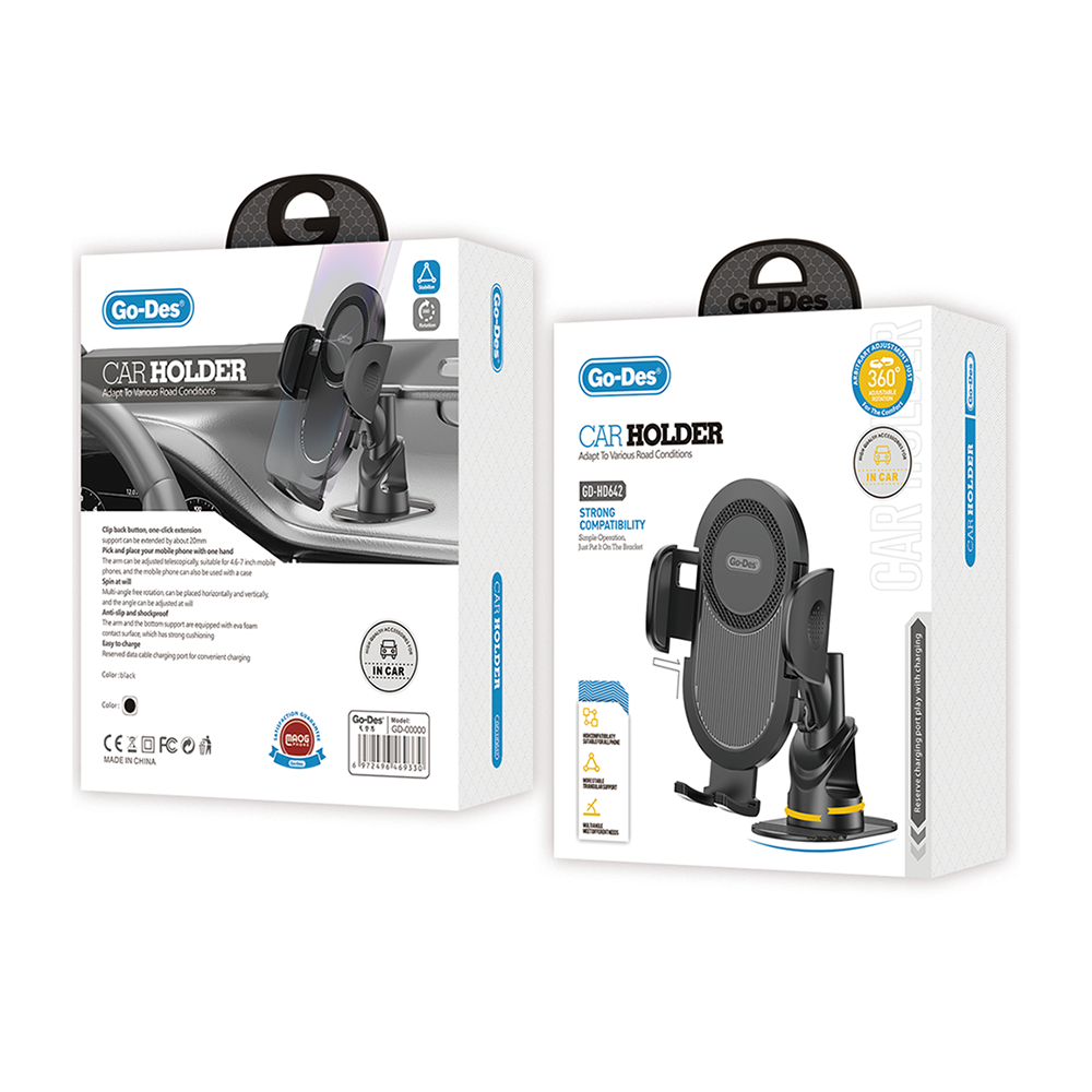 Go Des GD-HD642 360° Dönebilen Vantuzlu Tasarım Araç Telefon Tutucu Siyah
