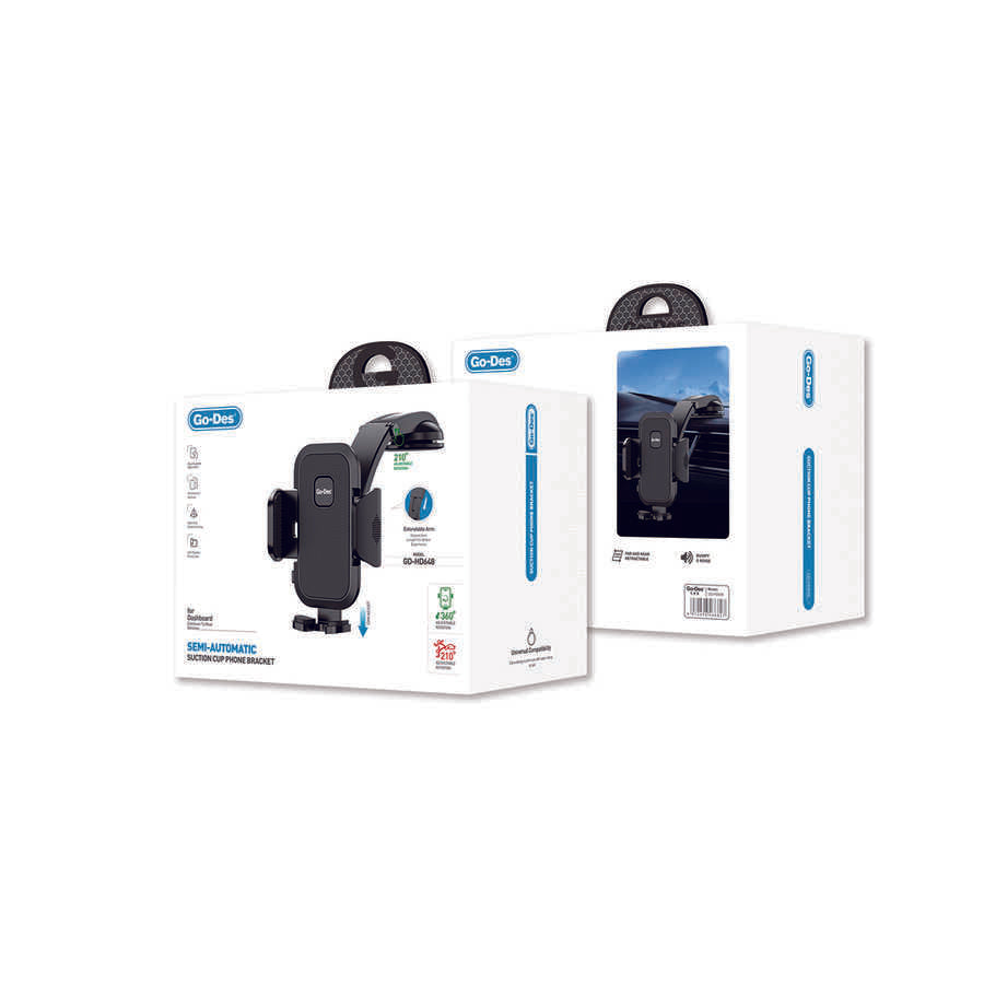 Go Des GD-HD648 Araç İçi Telefon Tutucu 360 Oynar Başlıklı Vantuzlu Tasarım Siyah