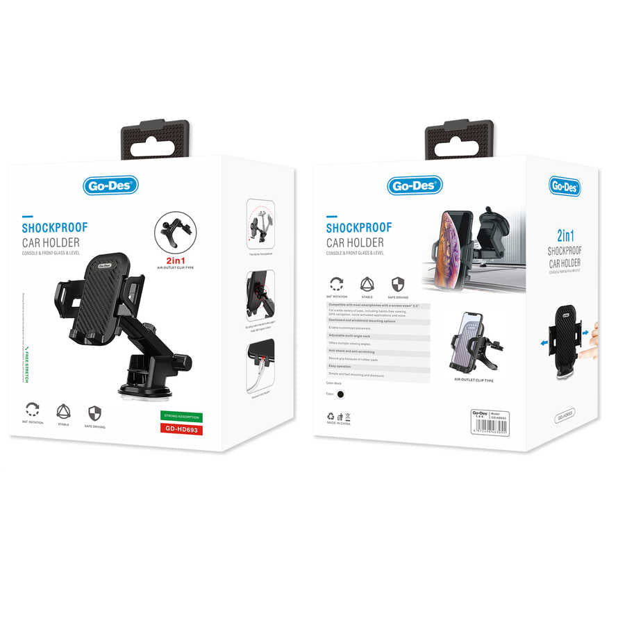 Go Des GD-HD693 2 in 1 Araç Telefon Tutucu Siyah