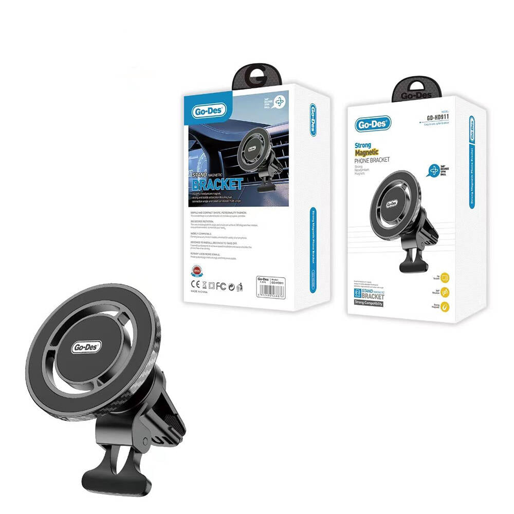 Go Des GD-HD911 M-safe Magnetik Özellikli 360° Dönebilen Havalandırma ve Düz Zemin Telefon Tutucu Siyah