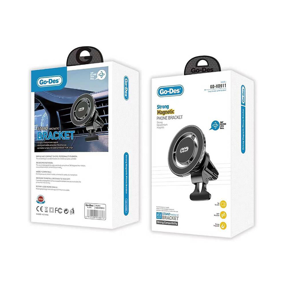 Go Des GD-HD911 M-safe Magnetik Özellikli 360° Dönebilen Havalandırma ve Düz Zemin Telefon Tutucu Siyah
