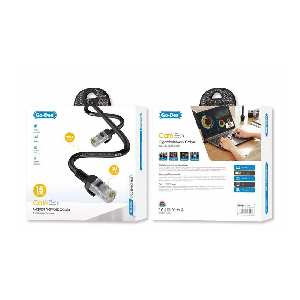 Go Des GD-HM891 1000Mbps Aktarım Hızlı RJ45 Ethernet Kablosu 15M Siyah
