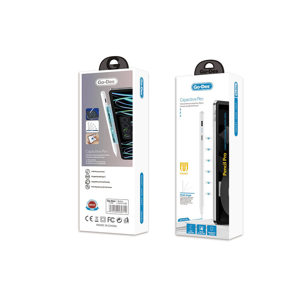 Go Des GD-P1126 Palm-Rejection Avuç İçi Reddi Özelliği Magnetik Şarj Özellikli Eğim Basıncı Sensörlü Stylus Çizim Kalemi Beyaz