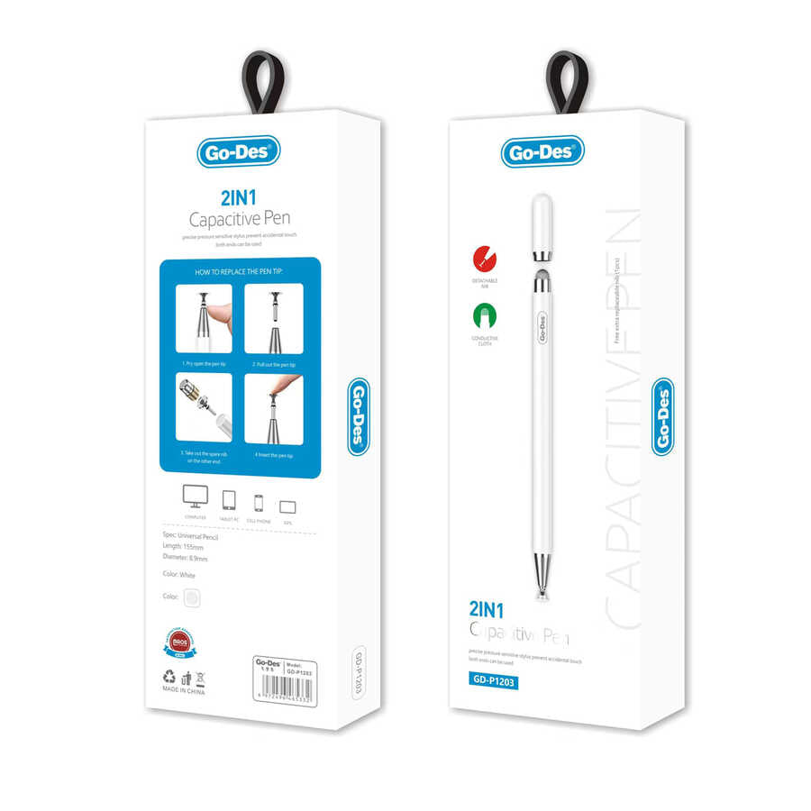 Go Des GD-P1203 2 in 1 Kapasitif Dokunmatik Kalem Beyaz