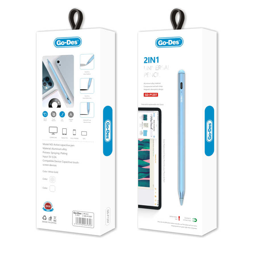 Go Des GD-P1207 2 in 1 Üniversal Kapasitif Dokunmatik Kalem Beyaz