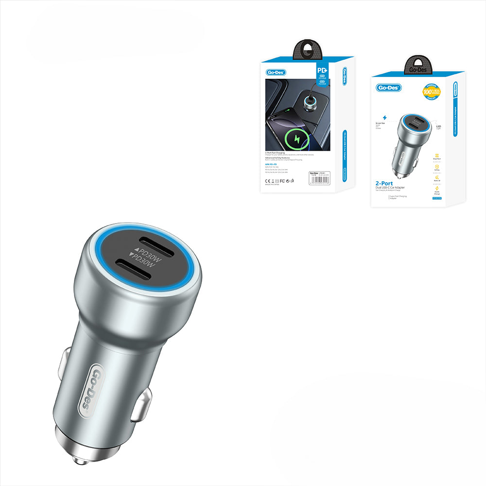 Go Des GD-QC2208 Hızlı Şarj Özellikli LED Aydınlatmalı Araç Şarj Başlığı 30W Gri