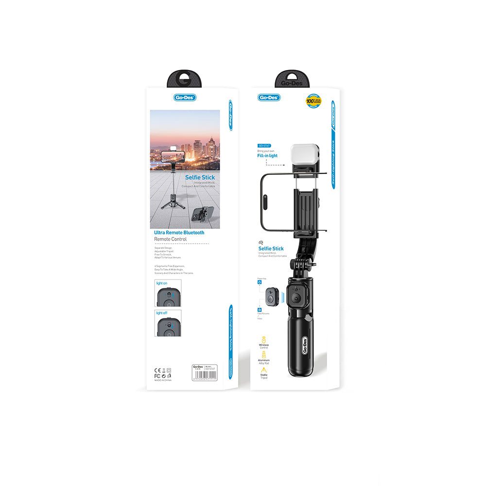 Go Des GD-ST67 Canlı Yayın Dolgu Işıklı Kumandalı 360 Derece Dönebilen Selfie Çubuğu ve Tripod Siyah