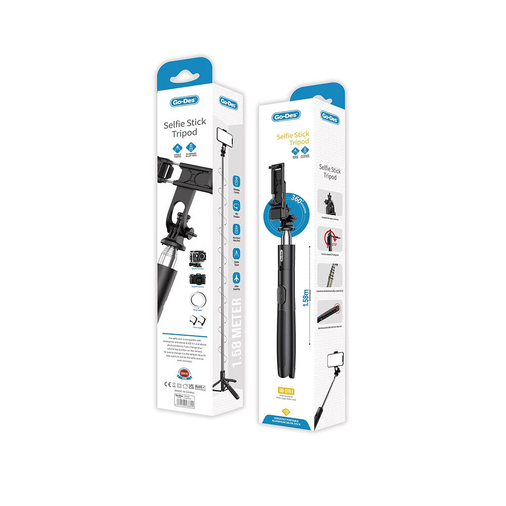 Go Des GD-ST81 Çok Fonksiyonlu 6 Kademeli Teleskopik Tripod Stand Özellikli Bluetooth Selfie Çubuğu Siyah