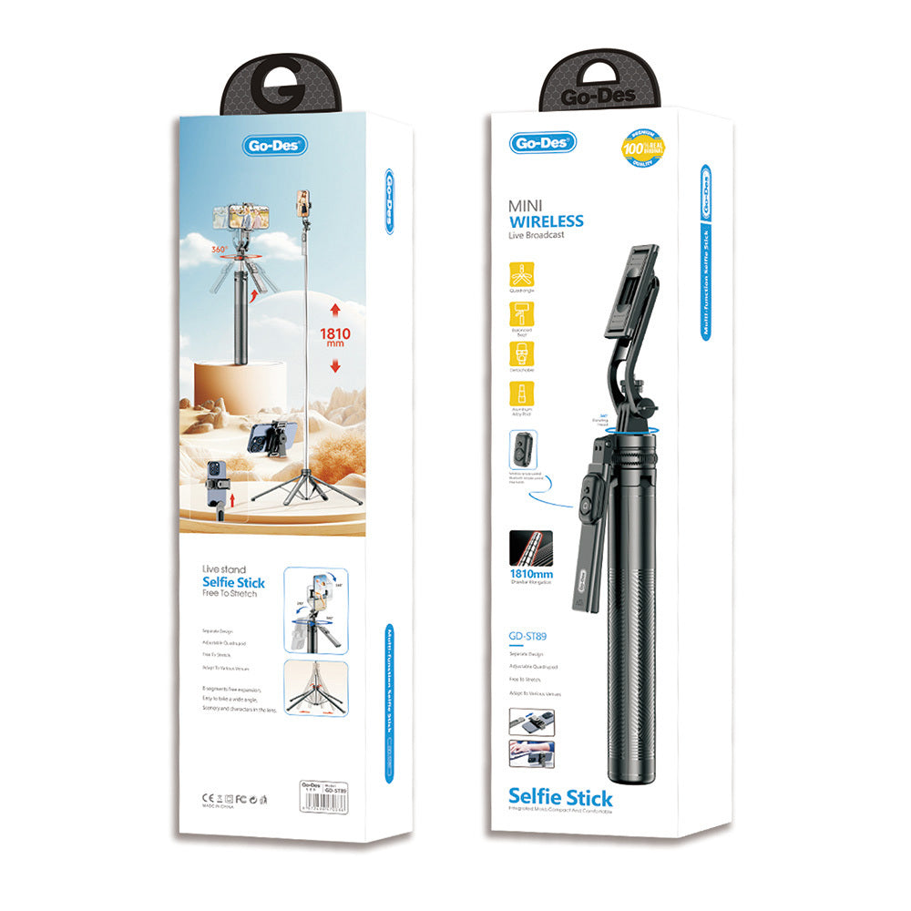 Go Des GD-ST89 Kumandalı Selfi Çubuğu ve Tripod 360 Derece Dönebilen Max 181 cm Siyah