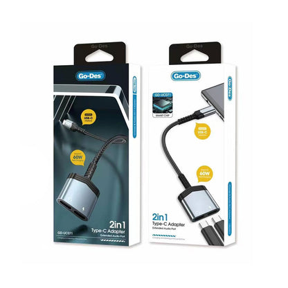 Go Des GD-UC071 Type-C 2in1 Şarj ve Ses Adaptörü Gri