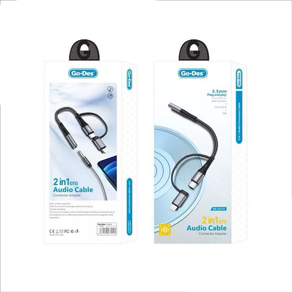 Go-Des GD-UC173 3.5mm Jack Girişli Type-C ve Lightning 2in1 Ses Kablosu Siyah