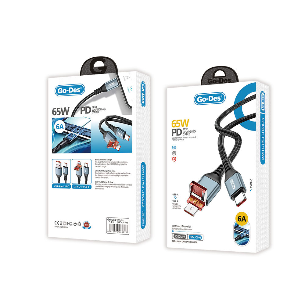 Go Des GD-UC593 Biyonik Terminal Tasarım PD65W Type-C to Type-C & USB-A to Type-C Kablo Siyah