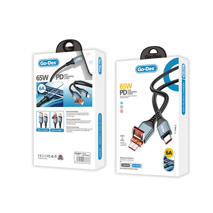 Go Des GD-UC593 Biyonik Terminal Tasarım PD65W Type-C to Type-C & USB-A to Type-C Kablo Siyah