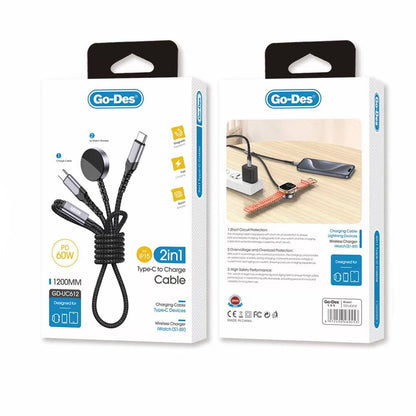 Go Des GD-UC612 2in1 iOS Watch Uyumlu Wireless Type-C PD Hızlı Şarj Kablosu 60W 1.2M Siyah