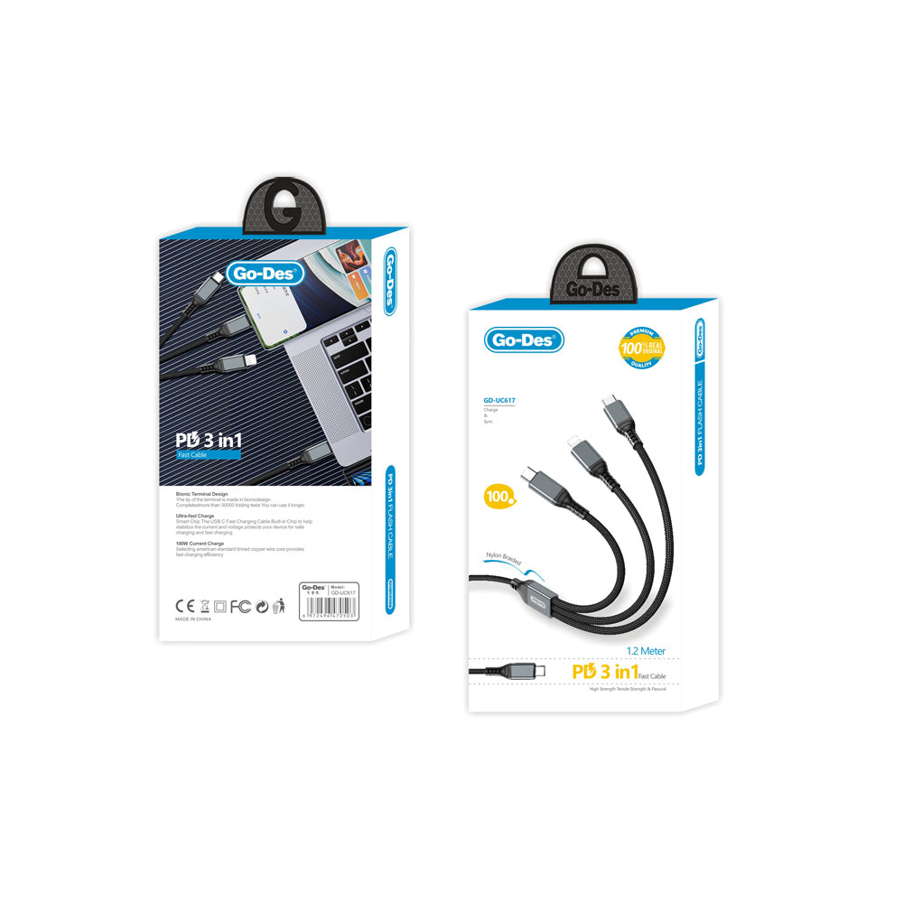 Go-Des GD-UC617 3in1 Type-C to Lightning – Type-C – Type-C Ultra Hızlı PD Şarj Kablosu 100W 1.2M Siyah