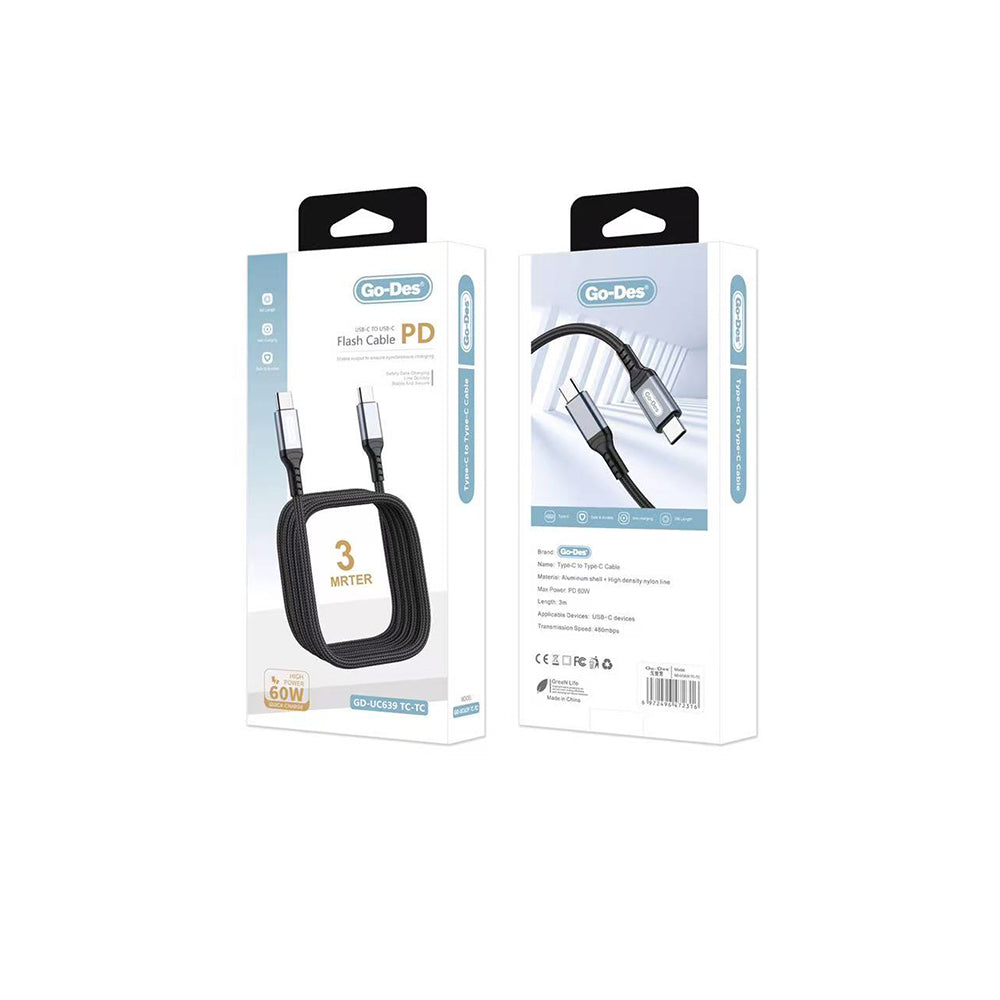 Go-Des GD-UC639 Type-C to Type-C PD Hızlı Şarj Kablosu 60W 3M Siyah