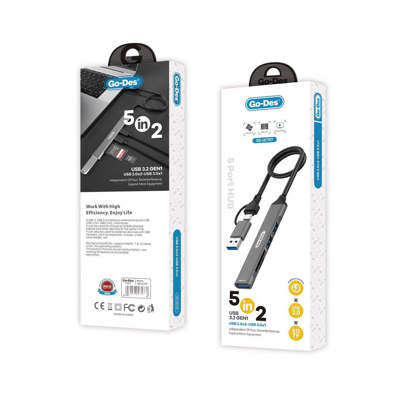 Go Des GD-UC707 USB3.0 + USB2.0 + SD/TF Bağlantılı Type-C USB-A 5in2 Hub Gri