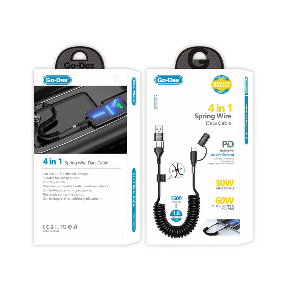 Go Des GD-UC805 4in1 Type-C+USB-A to Type-C+Lightning Sarmal PD Şarj ve Data Kablosu 60W 1.8M Siyah