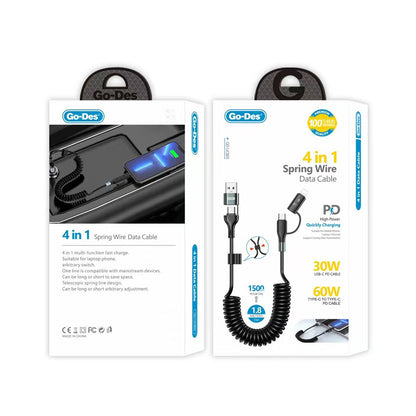 Go Des GD-UC805 4in1 Type-C+USB-A to Type-C+Lightning Sarmal PD Şarj ve Data Kablosu 60W 1.8M Siyah