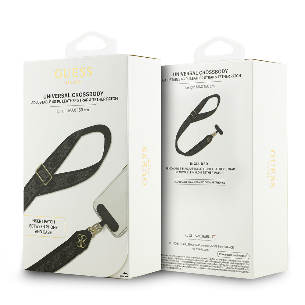 Guess Orjinal Lisanslı 4G Desen ve Metal Logolu Çapraz Vücut Telefon Askı Kayışı 150cm Siyah