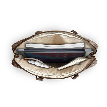 Guess Orjinal Lisanslı 4G Desenli Büyük 4G Logolu Omuz Askılı 15 inç Laptop Çantası Kahverengi