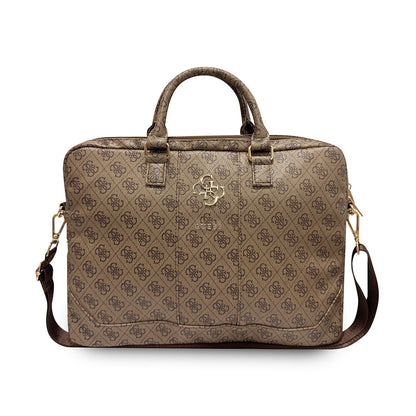 Guess Orjinal Lisanslı 4G Desenli Büyük 4G Logolu Omuz Askılı 15 inç Laptop Çantası Kahverengi