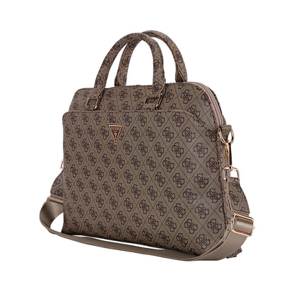 Guess Orjinal Lisanslı 4G Desenli Üçgen Logolu Omuz Askılı 15 inç Laptop Çantası Kahverengi