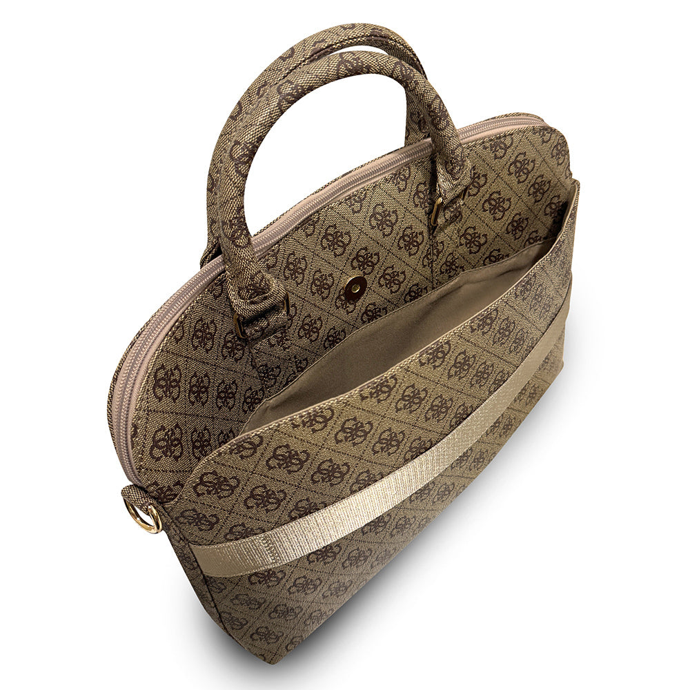 Guess Orjinal Lisanslı 4G Desenli Üçgen Logolu Omuz Askılı 15 inç Laptop Çantası Kahverengi